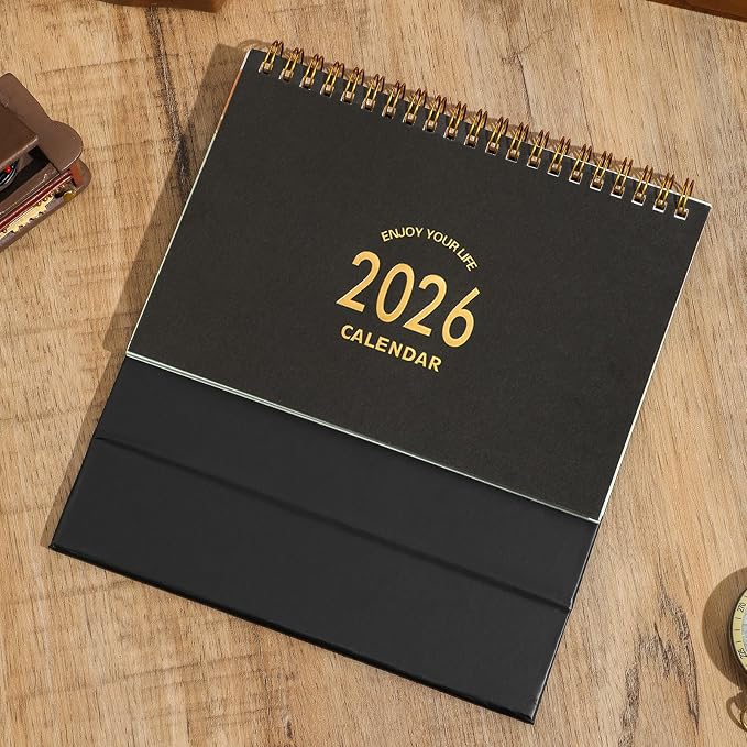 Small Desk Calendar 2026, Standing Flip Desktop Calendar from January 2026 to June 2027 - Metal Ring Twin-Wire Binding Monthly Desktop Calendar for Home Office School (Black)