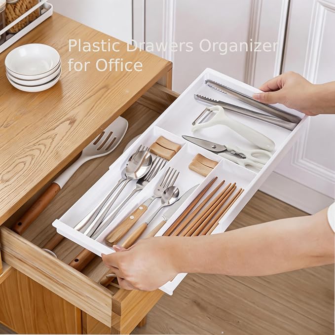 Expandable Shallow Drawer Organizer 1" 11-18" Adjustable White Storage Bin | Expandable 11-18" Shallow 1" PET Drawer Organizer|White Tray|Office Kitchen Bathroom|Dual-Slot Design|Fits Slim Drawers