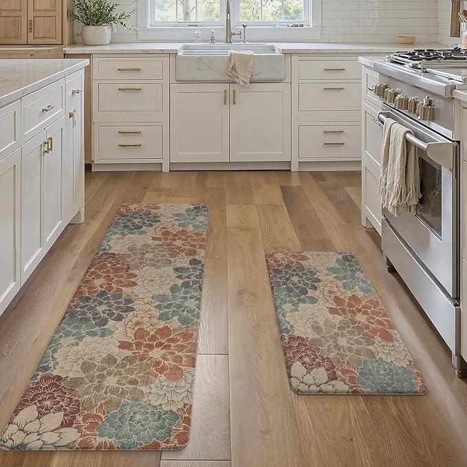 GENIMO Anti Fatigue Kitchen Mats for Floor 2PCS, Cushioned Standing Mats | 17.3"x59"&17.3"x30", Brick red vintage floral rug set, waterproof, non slip, eeasy-clean for farmhouse