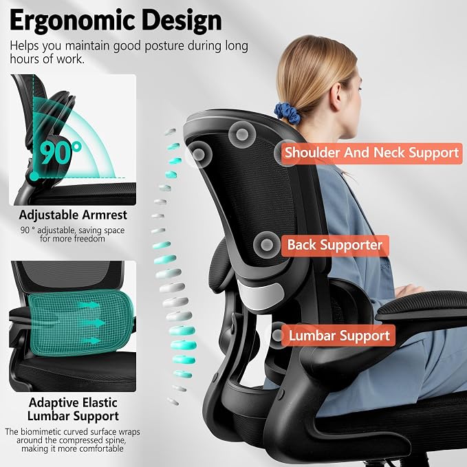 BESTFAIR Ergonomic Mesh Office Chair, Breathable Mesh Computer Desk Chair, Adjustable Lumbar Support, Flip-up Armrests, Executive Swivel Chair for Home Office, Black Pack of 10