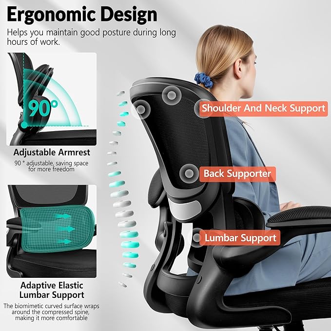 BESTFAIR Ergonomic Mesh Office Chair, Breathable Mesh Computer Desk Chair, Adjustable Lumbar Support, Flip-up Armrests, Executive Swivel Chair for Home Office, Black Pack of 4
