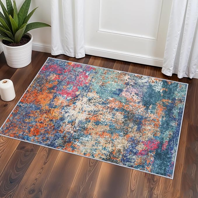 2x3 Rug Washable Runner for Entryway: Abstract Non Slip Bathroom Area Rug for Kitchen Floor Laundry Room - Small Soft Low-Pile Ultra Thin Rainbow Throw Door Mat for Modern Home Decor (2x3 Colorful)