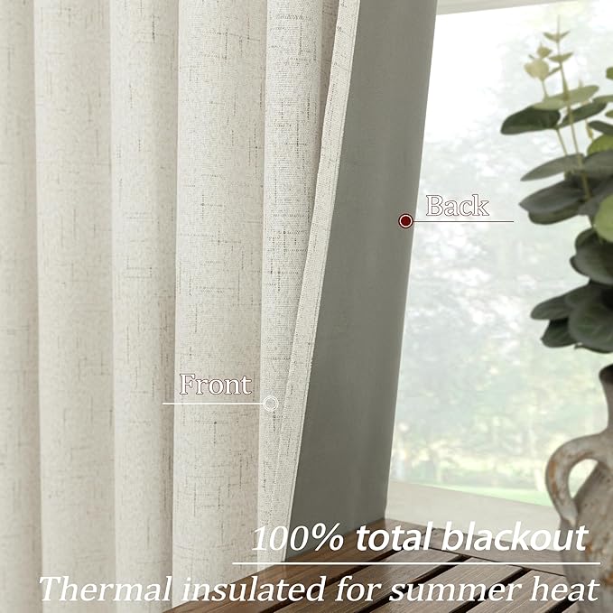 Linen 100% Blackout Black Out Curtains 96 Inch Long 2 Panel Set,Floor to Ceiling Curtain for Living Room,Rustic Pottery Textured Sliding Barn Door Curtain Drapes Bedroom Furniture Decor Cream Beige