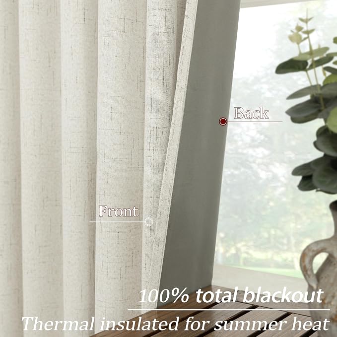 KOUFALL 98 Inch Long Linen Black Out Curtains,Light Blocking Cream Complete 100% Blackout Curtain Drapes for Living Room 2 Panel Set