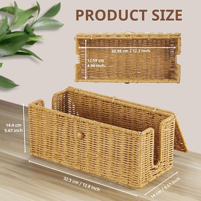 Cable Management Box, Handwoven Synthetic Rattan Cable Organizer, 2 Side Open Slots Cords Hider Box, Under Desk Cord Organizer for USB Wire, TV PC Charger & Power Strip, Natural