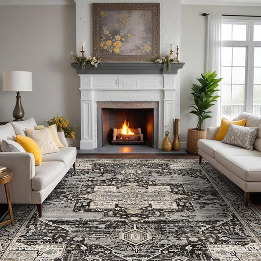 RUUGME Washable Area Rug 10x12 - Soft Area Rugs for Living Room Stain Resistant Carpet Vintage Lightweight Rugs for Bedroom with Non Slip Backing Indoor Ultra-Thin Rugs Home Decor 10x12 Black