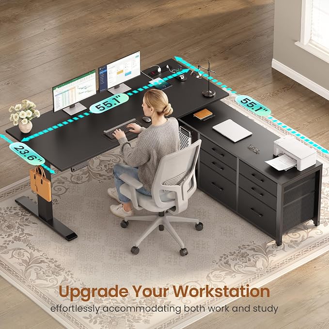 SEDETA L Shaped Electric Standing Desk with 6 Fabric Drawers, 55" x 55" Height Adjustable Office Executive Desk with Storage Shelves, Stand up Computer Desk with Power Outlet (Black)