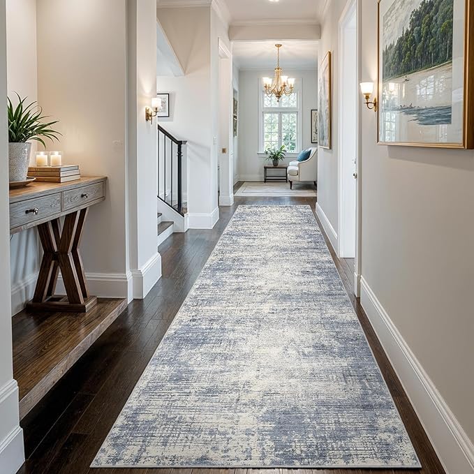 3x14 Hallway Washable Runner Rug - Non-Slip Kitchen Rugs with Rubber Backing Abstract Neutral Low-Pile Carpet Runners for Laundry Room Home Decor Bedroom Bathroom Entryway (Blue Gray,3x14)