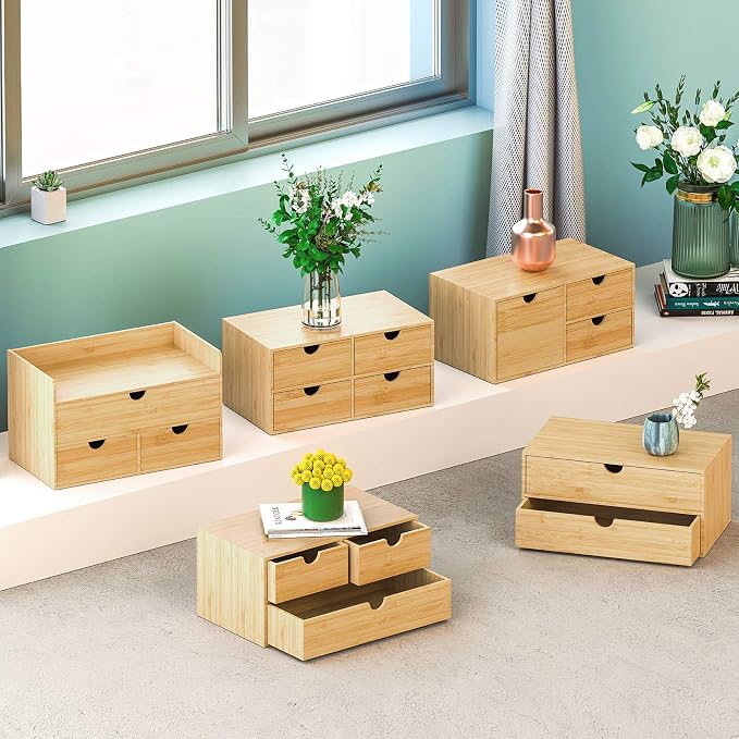 Bamboo Desk Drawer Organizer, Desktop Organizer with Drawers(2 Drawers) | 2 Drawers Open Top Tray Fully Assembled Stores Pens, Notes, Makeup, Jewelry & Toiletries for Office, Vanity & Bath