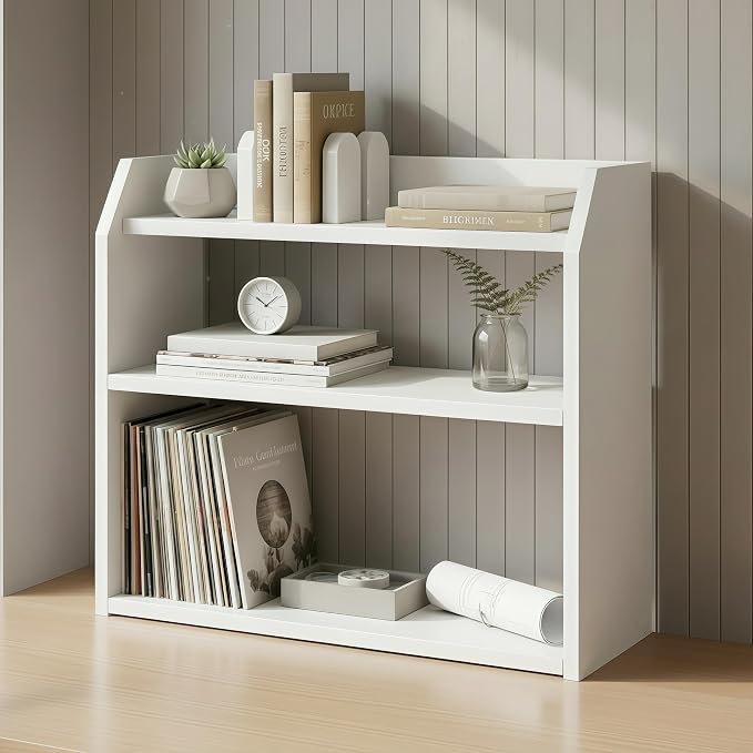 Tangkula 3-Tier Desktop Bookshelf, Wooden Countertop Bookcase with Guardrails, Space-Saving Desk Display Hutch Shelf, Modern Tabletop Storage Organizer for Study Room, Office and Dormitory (2,White)