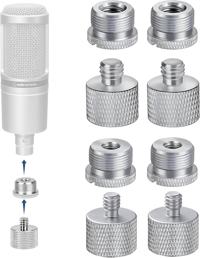 IXTECH Mic Stand Adapter Set 8 pieces Metal Microphone Stand Screw Thread Adapter 5/8 Female to 3/8 Male 3/8 Female to 5/8 Male 5/8 Female to 1/4 Male 1/4 Female to 5/8 Male Tripod Adapter ADP03A Slvr