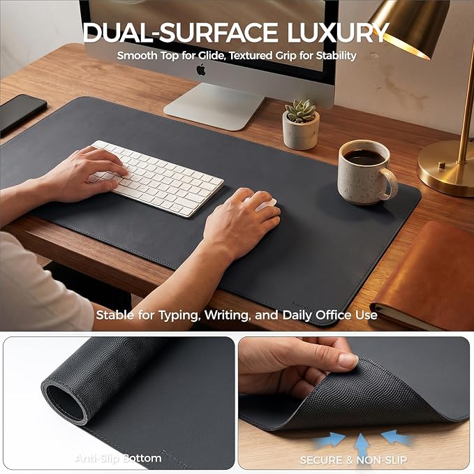 Large Desk Pad Non-Slip Desk Mat Protector for Keyboard Mouse Waterproof Vegan Leather Surface Faux Leather Laptop Mat Smooth Mouse Pad Premium Gift Tube Obsidian Black 47" x 23"