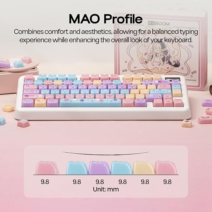 KiiBOOM Cute Cat Keycaps Set, Mao Profile, PC Keycap for MX Switches Mechanical Keyboard, Compatible with 60%, 65%, 75%, TKL, 96%, Full-Sized Layout (Meow Pudding)