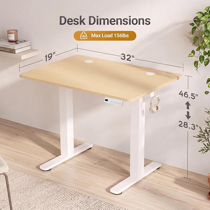 Claiks 32 x 19 Inch Nature Electric Standing Desk | Adjustable Height, Sit Stand, 3 Memory Presets, Cable Management, Space-Saving, Home Office & Bedroom