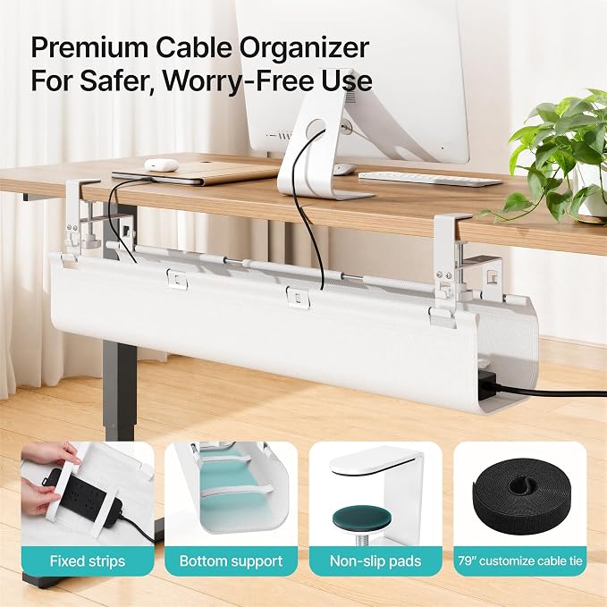 No Drill Under Desk Cable Management Tray, 31.5" Fabric Organizer | Clamp/Screw Premium Mount Cord Holder, for Power Strips, Adapters, with 2 Hooks & 1 Tie Roll for Home Office Gaming, White