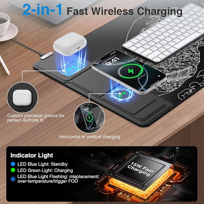 Wireless Charging Mouse Pad with Phone Holder, 31.5"x15.8" in, Black Wave | Large Desk Mat for Laptop/Keyboard, Waterproof Ultra-Smooth Surface, Non-Slip Base