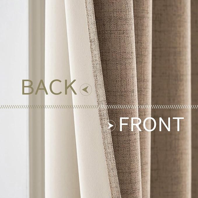 MIULEE 100% Blackout Linen Textured Curtains for Bedroom Solid Thermal Insulated Copper Brown Grommet Room Darkening Curtains & Drapes Luxury Decor for Living Room 52 x 84 Inch (2 Panels)