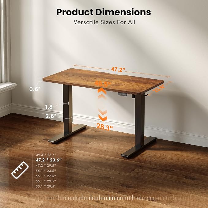 CubiCubi Electric Standing Desk 48 x 24 Inch, Height Adjustable Sit Stand Desk with Memory Presets, Splice Desktop Computer Desk for Home Office, Black Frame/Vintage Brown Top