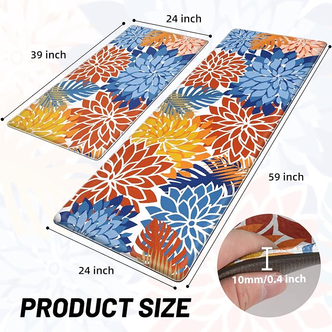 Arenarug Kitchen Mats for Floor 2PCS Cushioned Anti Fatigue Kitchen Mats Waterproof Non Slip Kitchen Mat Rug Set Comfort Foam Standing Mat for Sink, Laundry, Office, 24"x39"+24"x59", Red Blue