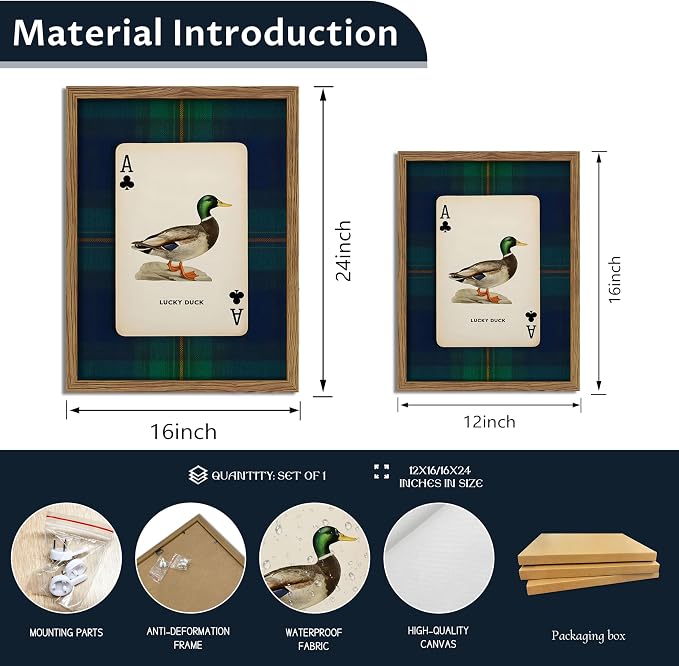 Framed Vintage Mallard Duck Wall Art, Country Lucky Duck Wildlife Poker Wall Decor Painting, Nature Rustic Farmhouse Hunting Canvas Prints Pictures for Living Room Bedroom 12x16 Inch