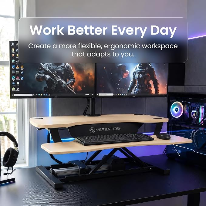 VERSADESK PowerPro Electric Standing Desk Converter - Height Adjustable Desk Riser with Keyboard Tray & USB Hub - Holds 80 lbs - Ergonomic Sit Stand Workstation for Home & Office | Maple (40” x 24”)