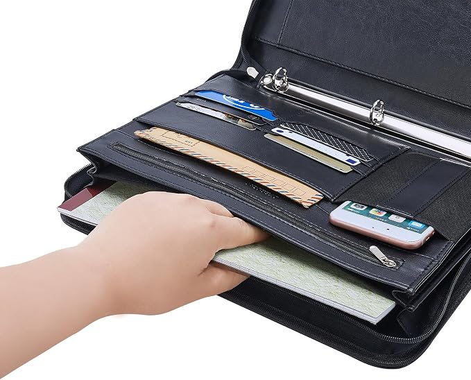 Zippered Padfolio Binder, Faux Leather Organizer with 3-Ring Binder, Left-Handed Design, Business Card Slots & Document Folders - Professional Padfolio for Office (Black)