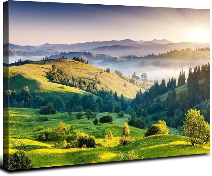 Sunrise Mountain Wall Art Misty Forest Landscape Canvas Picture Living Room Decor 24x36", Modern Large Green Nature Scenery Prints Painting Framed Artwork for Bedroom Bathroom Office Home Decoration