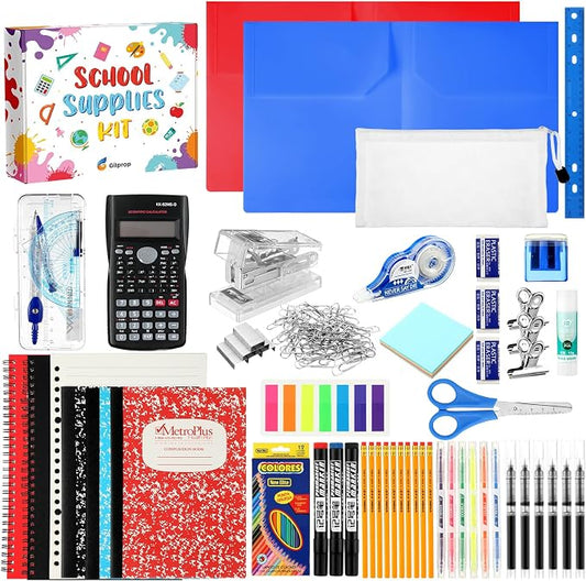 Gilprop 108 Pcs Middle High School Supplies Kit Back to School Supplies for Student 7-12 Grades Essentials Bundle Box Calculator Pencils Compass Notebook Pens(Colorful)