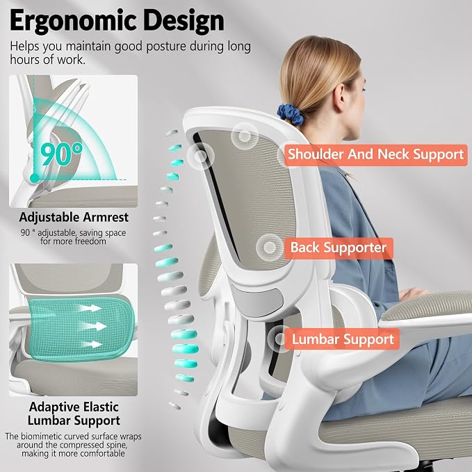 BESTFAIR Ergonomic Mesh Office Chair, Breathable Mesh Computer Desk Chair, Adjustable Lumbar Support, Flip-up Armrests, Executive Swivel Chair for Home Office, LightGray Pack of 2