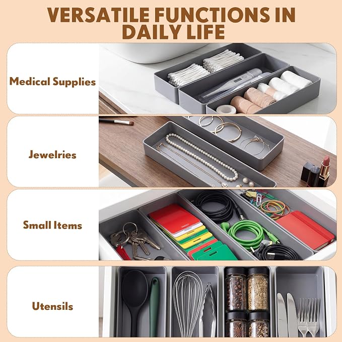 Teling 4 Pcs Grey Large Rectangular Desk Organizer Set, Half Accessory Tray, Plastic Tabletop Organizer for Office, Home, or Study, Dimensions: 9.45 x 2.95 x 1.38 Inches