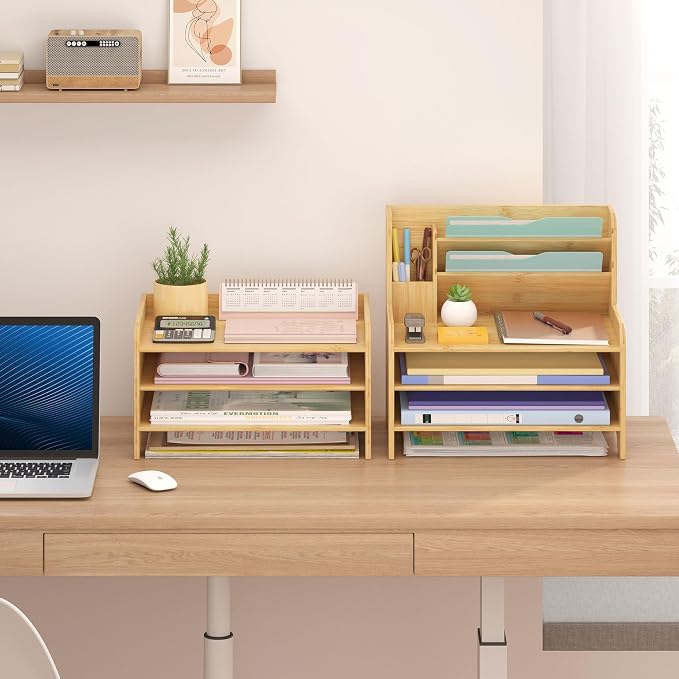 Bamboo File Organizer for Desk, Desktop Paper Tray and Mail Holder | Three open tiers keep A4/letter paper, folders, bills and mail sorted, visible and easy to reach while saving desk space