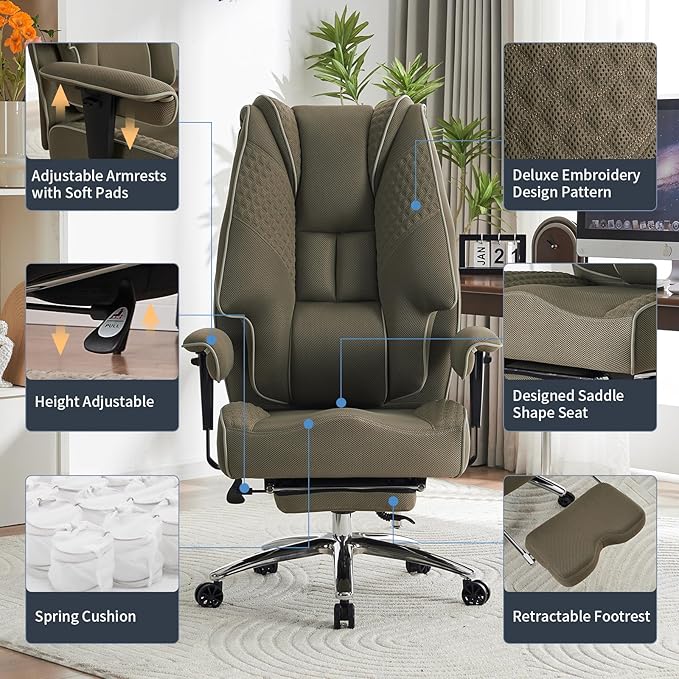 Big and Tall Office Chair 400lbs Wide Seat, Mesh High Back Executive Office Chair with Foot Rest, Ergonomic Chairs Lumbar Support for Lower Back Pain Relief (Mesh Light Green)