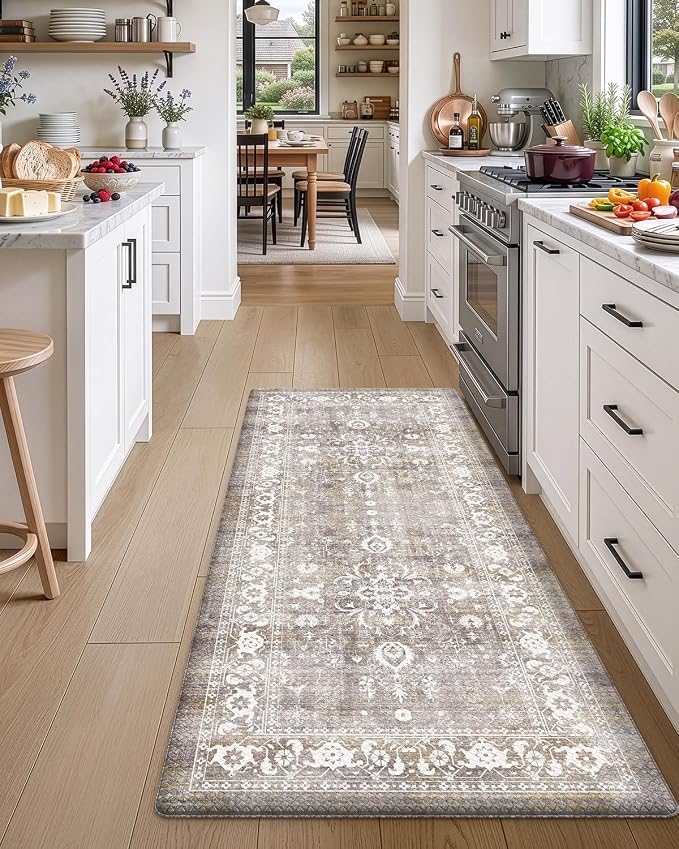 DEXI Kitchen Floor Mats Cushioned Anti Fatigue, 23x59 Long Wide Standing Comfort Runner Rug, Waterproof Retro Floral Memory Foam Padded for Front Sink Laundry, Grey Floral