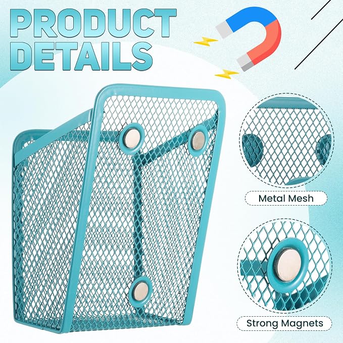 Fuutreo 2 Pcs Large Magnetic Pencil Holder Mesh Stainless Steel Pen Basket Magnetic Pen Cups Storage Organizer for Fridge Whiteboard Blackboard Kitchen Refrigerator Locker Home Office School(Blue)