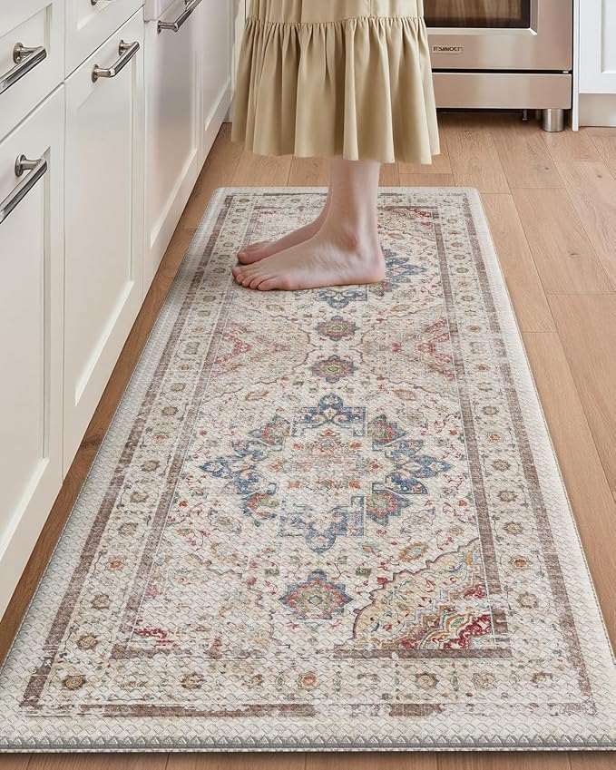 Color&Geometry Kitchen Floor Mat 24x59 Faded Vintage Anti Fatigue, Oatmeal | 0.4in Cushion Standing Mat For Cooking/Working/Laundry, Boho Decor, Non Slip PVC Kitchen Rug, Oil/Water Proof, Anti Slip