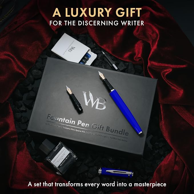 Wordsworth & Black Fountain Pen Set,18K Gilded Medium and Extra Fine Nib,25ML Black Ink Bottle,6 Ink Cartridges,Refill Converter,Gift Box,Smooth Writing Pens [Blue Chrome],Gift Set for Men and Women