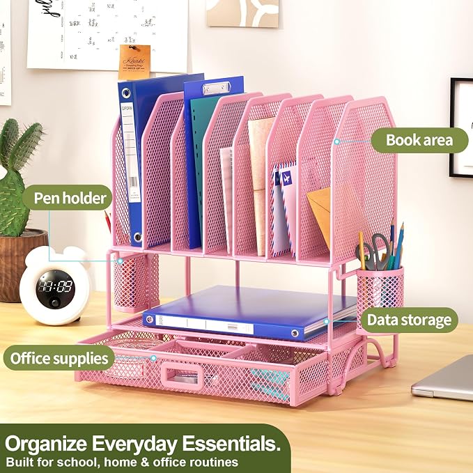 FANXIYQ Metal Desk Organizer with Sliding Drawer, 7-Section File Organizer for Desk, Desktop File Folder & Paper Organizer with 2 Hanging Pen Holders, Office Supplies Organizer, Pink