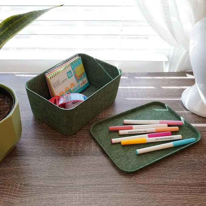 Felt deep Storage Bins lidded Drawer Organizer Caddy for junk stuff stationery makeup jewelry closet bathroom minimalist lifestyle (Forest Green Bin, S)
