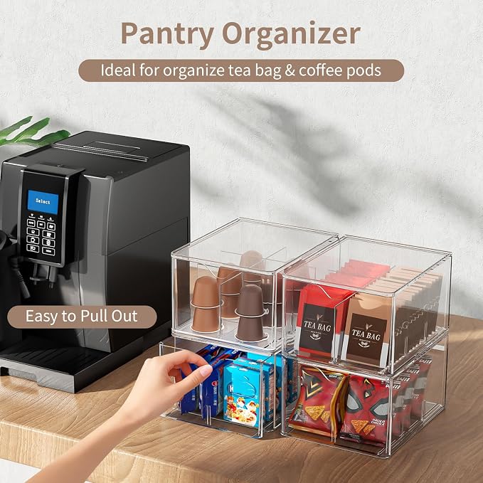 4 Pack Clear Tea Bag Organizers with Adjustable Dividers, Stackable Tea Drawer Organizer Box for Pantry, Coffee Bar, Kitchen Cabinet, Acrylic Food Storage Bins for Snacks, Sugar & Spice Packets