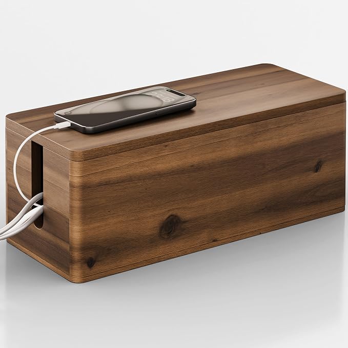 TIDITA 16" L Wooden Large Cable Management Box Round Edge (Walnut Color) | 2 Cable Entry Slots, Magnetic Lid, Non-Skid Pads, Solid Acacia Wood, Wooden Power Strip Box, Surge Protector Box