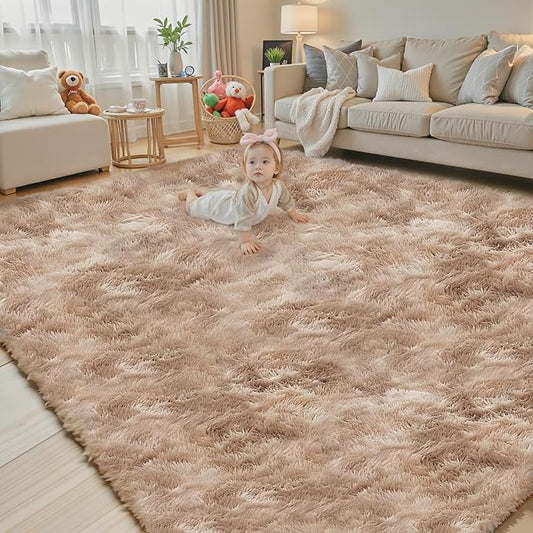 8x10 Area Rugs for Living Room Bedroom Rug, Large Area Rug Shag Shaggy Carpet Soft Plush Furry Bedside Rug, Rugs for Home Decor (Dark Beige Tie-Dyed, 8x10 Feet)