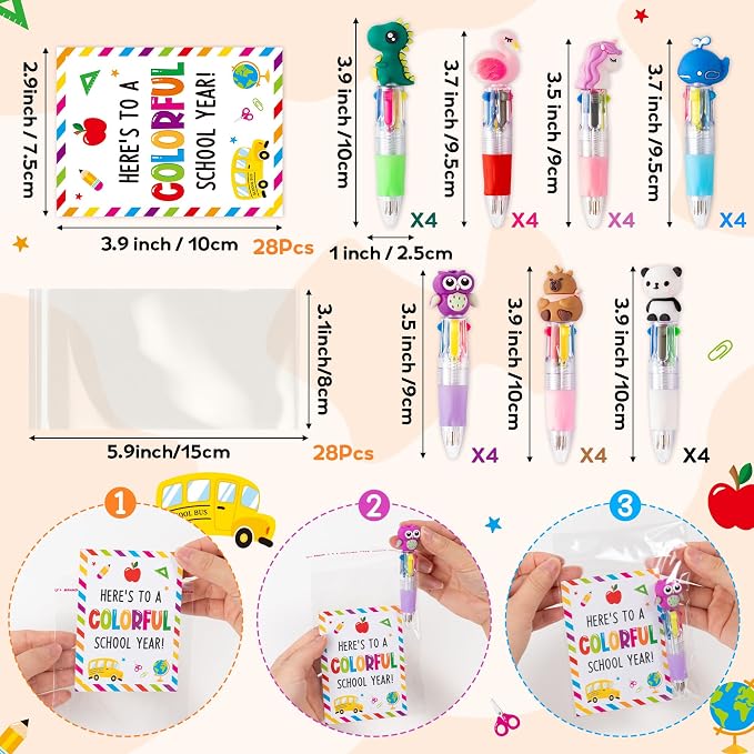 ANGOLIO Back to School Gifts 28 Sets Cute Animals 4 in 1 Multicolor Retractable Ballpoint Pens with Greeting Cards for Students Kids Classroom Office Home Rewards First Day of School Party Supplies