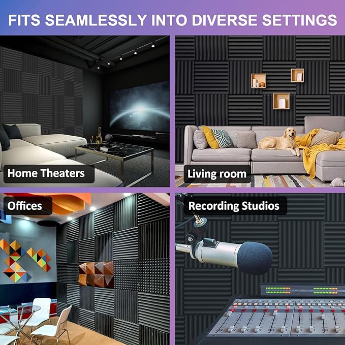 JBER Acoustic Foam Panels, 48 Pack 12x12x1 Inch Upgraded Self-Adhesive Soundproof Wall Panels Sound Absorbing Panel Treatment for Home Office Studio - Black