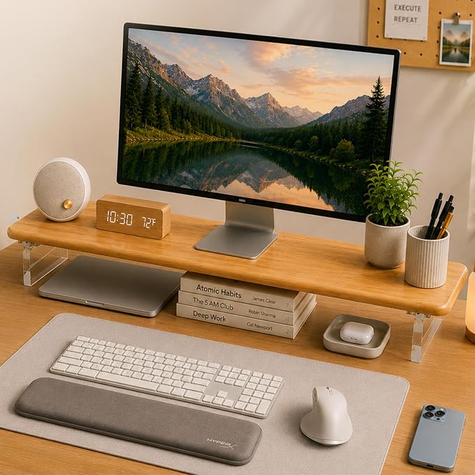 Bamboo Monitor Riser, Wide Desktop Monitor Stand for Desk with Clear Acrylic Legs, 31.5 x 8inch Bamboo Wood Shelf, Fit Keyboard, Home Office Workspace Accessories, Study Stationaries Storage (Natural)