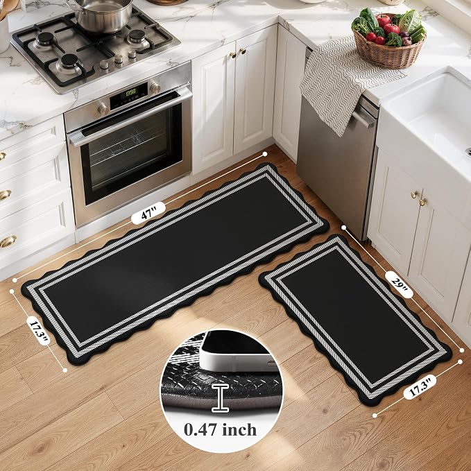 KIMODE Kitchen Mats Cushioned Anti Fatigue,Farmhouse Kitchen Rugs Sets of 2 | Black Scalloped Rugs, Runner Rug Non Slip, Comfort Standing Desk Mat for Laundry Office Bathroom Sink Dorm 17"x47"+17"x29"