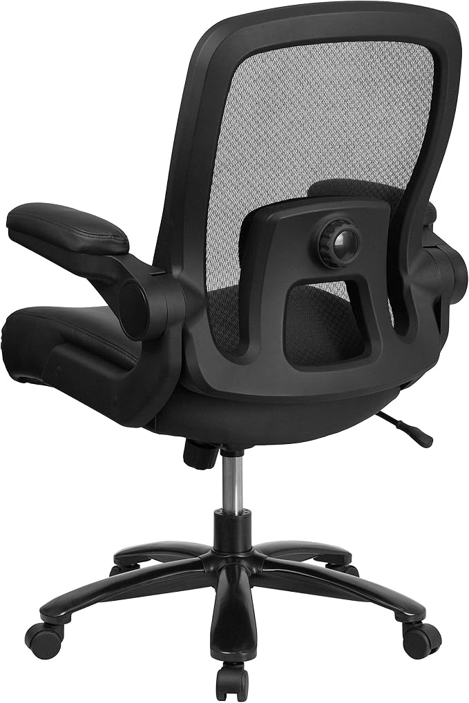Flash Furniture Big & Tall Swivel Office and Gaming Chair with LeatherSoft Seat, Mesh Office Chair with Flip-Up Armrests and Adjustable Height, Black | Ergonomic, Adjustable Lumbar, Mesh Back, 500 LBS. Weight Capacity, LeatherSoft Upholstery, Flip-Up P...