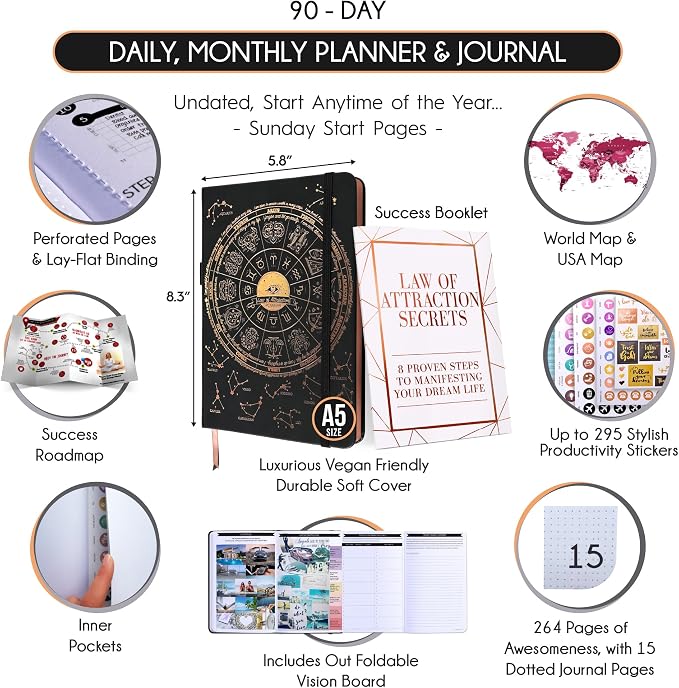 90-Day Goal Planner with Daily Journal, Gratitude & Habit Tracker | Daily Planner, Productivity, Time blocking, Manifestation & Affirmations with Vision Board, Gratitude Journal for Women & Men