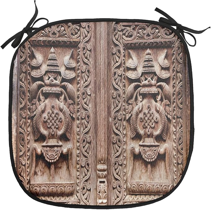 Lunarable Rustic Chair Cushion Pads Set 12, Wooden Carved Door Image Detailed Kathmandu Cultural Facade Print, Anti-Slip Seat Padding for Kitchen & Patio, 16"x16", Brown