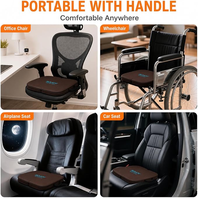 Sojoy 3-in-1 Foldable Gel Seat Cushion with Memory Foam Ergonomic Portable Cushion for Back Pain & Tailbone Relief - Perfect for Office Chair, Airplane Travel & Stadium Seats (18.5" x 15" x 2" Brown)