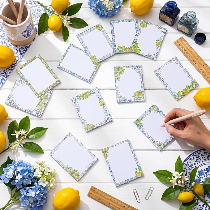 Chiisong 12 Pads Capri Lemon Sticky Notes 3 x 4 Inches Blue Tiles Yellow Adhesive Memo Pads Reminder Decor Mediterranean Amalfi Coast Notepads for Journal Office Summer Birthday Wedding Gifts